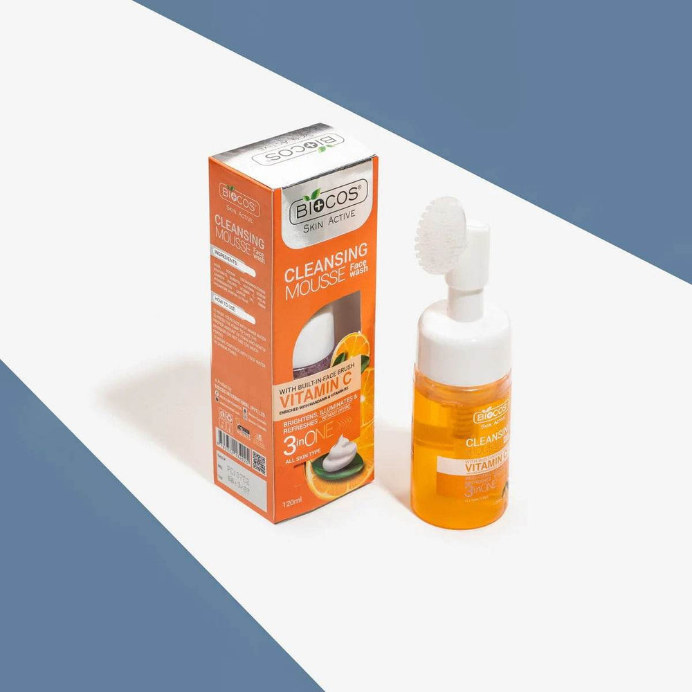 Vitamin C cleansing mousse face wash, pump bottle and boxed carton