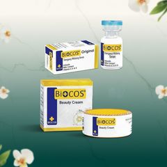 Biocos beauty cream jar and box plus energy whitening serum bottle and box.