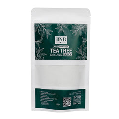 BNB tea tree organic acne control face mask, front label on white-and-green pouch