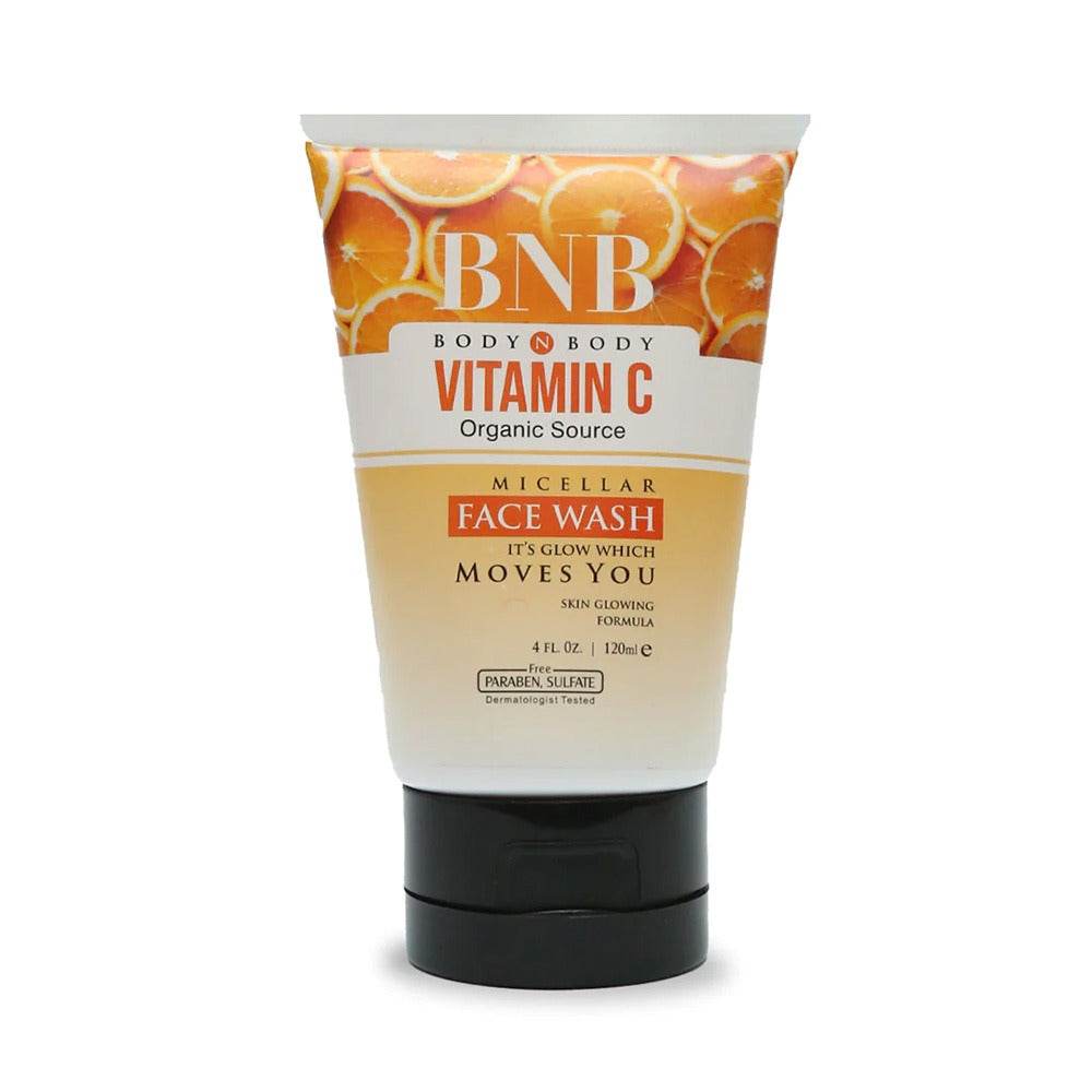 BNB Vitamin C micellar face wash tube, orange cap and cream body