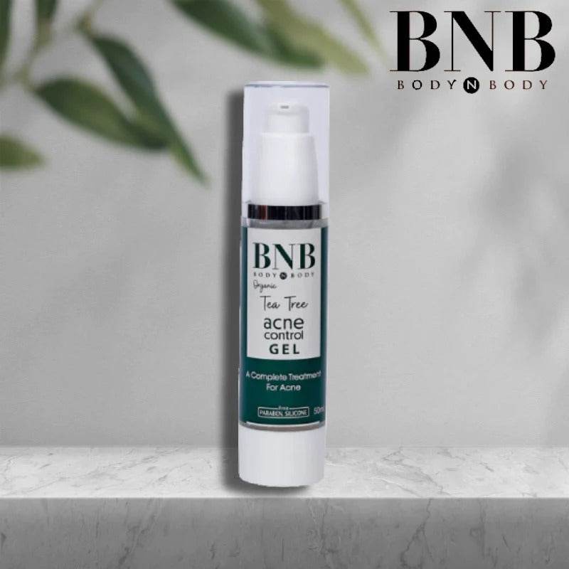 BNB tea tree acne control gel in white pump bottle, front label visible