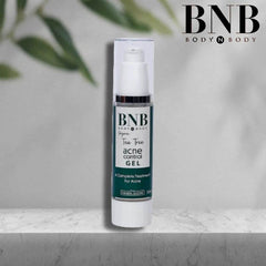 BNB tea tree acne control gel in white pump bottle, front label visible