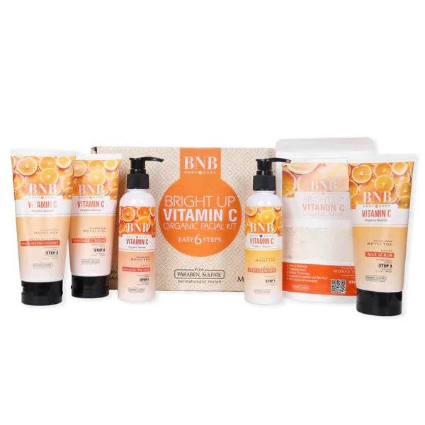 BNB Vitamin C facial kit set of tubes and bottles with bright orange labels