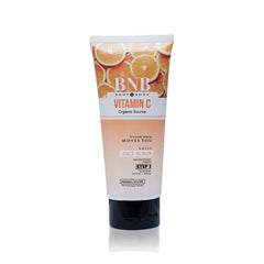 BNB Vitamin C rice scrub tube, white and orange label, black cap, 200 ml