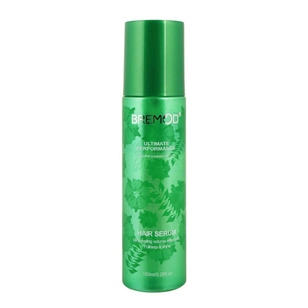 Green hair serum bottle with silver cap and BREMOD label