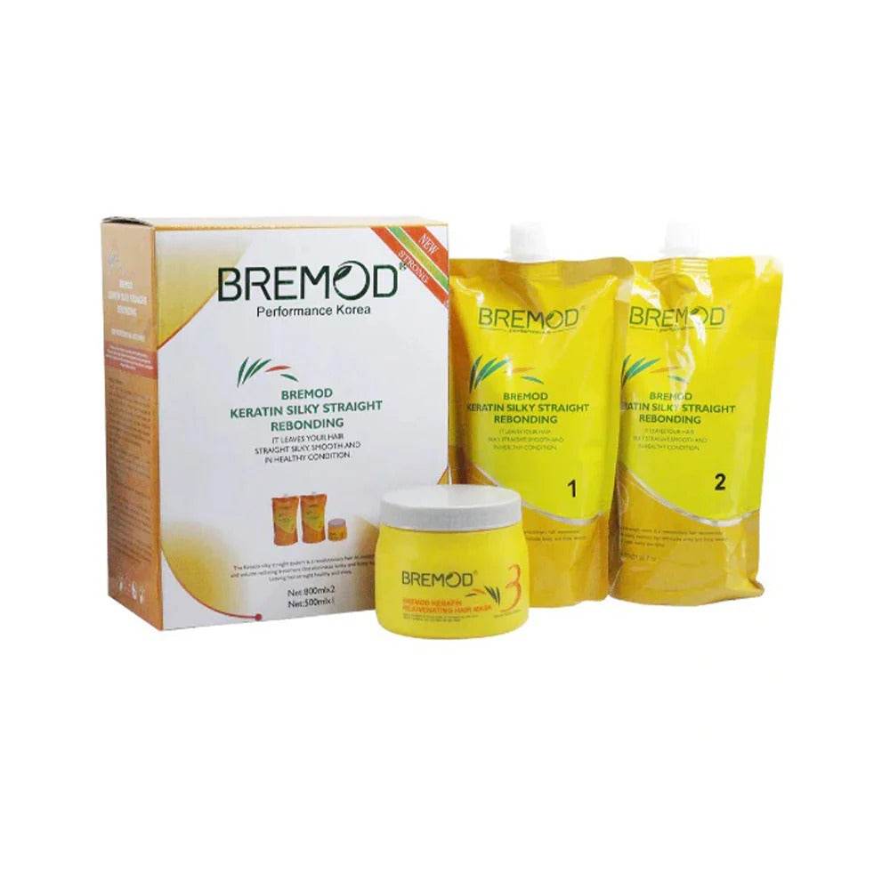 Keratin straight rebonding kit: box, bottle and two yellow sachets, Bremod