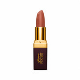 Gold-capped terracotta lipstick bullet in dark rectangular tube