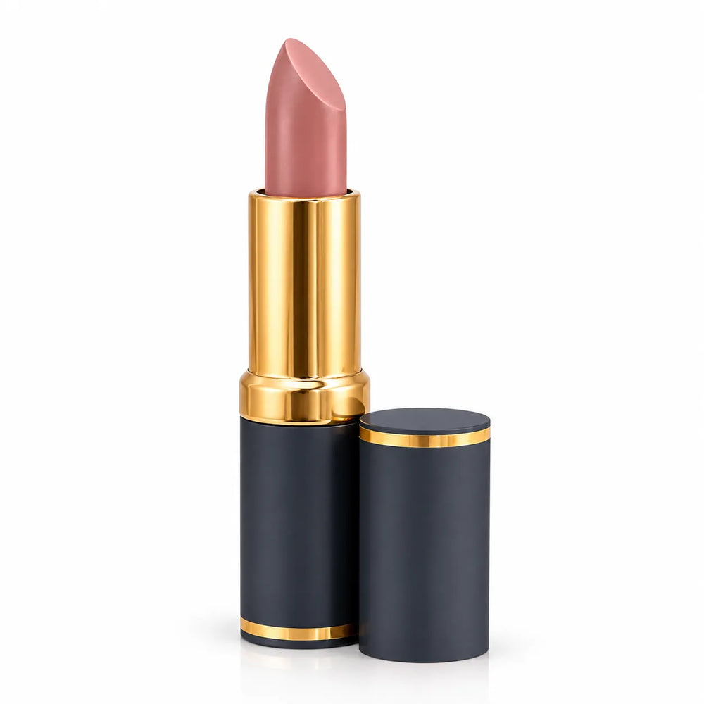 Medora matte lipstick with rose-pink bullet, gold casing and black container