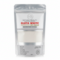 Stand-up white face mask pouch with Gluta White label, 120g net weight