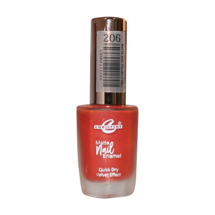 Matte nail enamel bottle, coral red shade with velvet effect, quick-dry finish