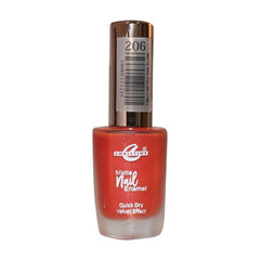 Matte nail enamel bottle, coral red shade with velvet effect, quick-dry finish