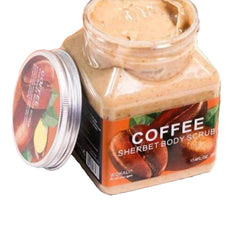 Coffee body scrub jar with open lid, showing beige scrub