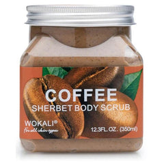 Coffee body scrub jar with label, closed lid, beige scrub visible