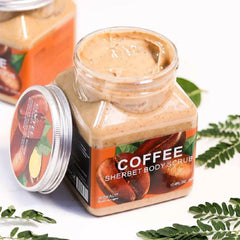 Coffee body scrub jar with open lid, beige scrub and Coffee Sherbet label