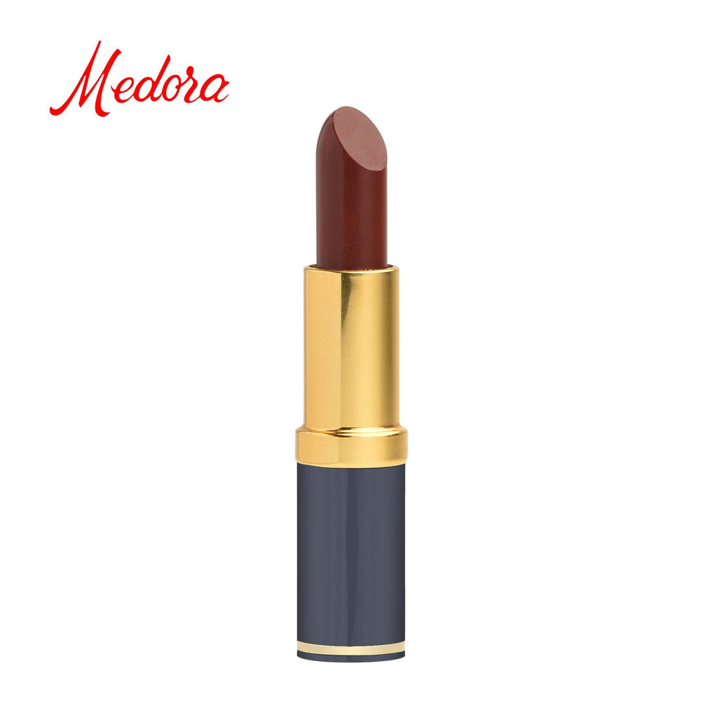 Medora lipstick in dark brown shade, gold case with capped tube