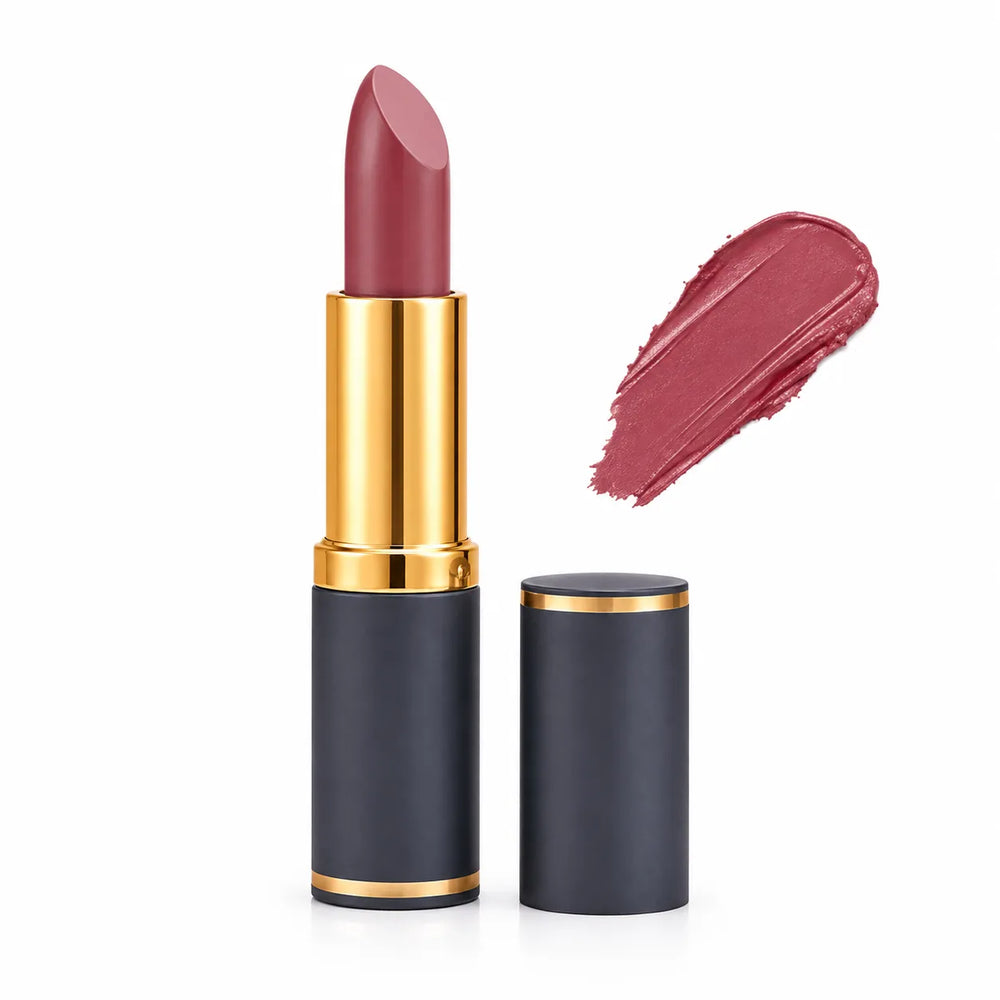 Matte lipstick bullet and smeared rose-mauve swatch