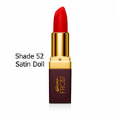 Shade 52 Satin Doll lipstick, red bullet with gold cap on burgundy base