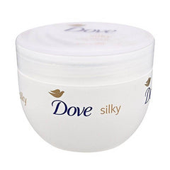 Dove body cream jar showing Silky logo and text on front