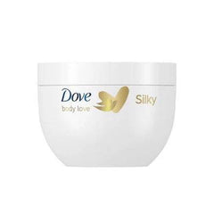 Dove body cream jar with rounded white container and Silky branding