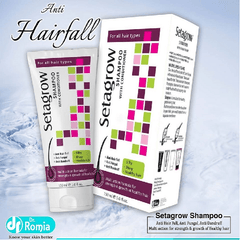Dr Romia Setagrow shampoo with conditioner set: white tube and tall carton, colorful label