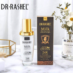 24K gold collagen facial milk cleanser bottle with box, gold cap