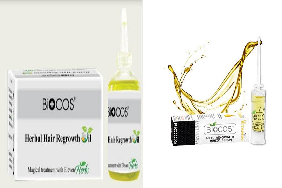 Herbal hair regrowth oil bottle and Biocos box, with green liquid inside
