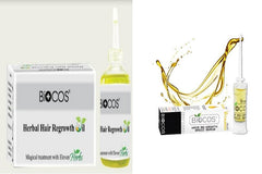 Herbal hair regrowth oil bottle and Biocos box, with green liquid inside