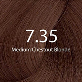 Hair dye shade swatch showing medium chestnut blonde (7.35) tone