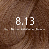 Light natural ash golden blonde hair shade 8.13 on hair strands
