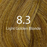 Hair dye shade 8.3 Light Golden Blonde on golden blonde hair strands