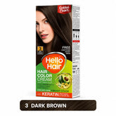 Dark brown hair color cream box, front view with model portrait and instruction panel