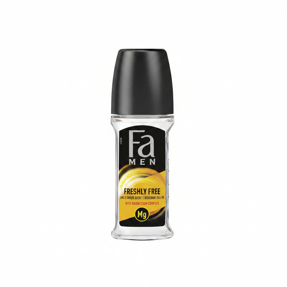 Men roll-on deodorant, black cap, clear bottle, Freshly Free lime & ginger