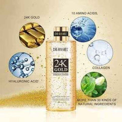 Dr Rashel 24K Gold essence toner with ingredient icons: hyaluronic acid, collagen, amino acids