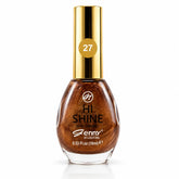 Brown glitter nail polish in gold capped bottle, numbered 27