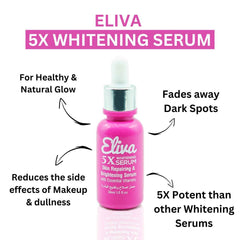 Eliva 5X whitening serum bottle with clear dropper, pink label and gold cap