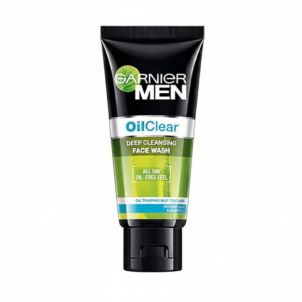 Garnier Men OilClear deep cleansing face wash tube, black and green with flip cap