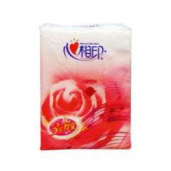 Pocket tissue pack with OPEN label, white and pink rose and music note graphics