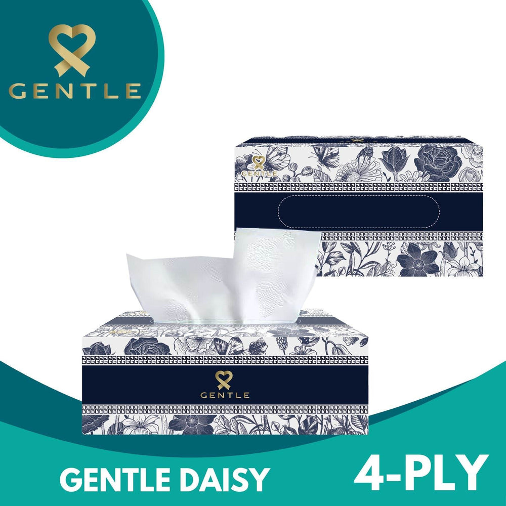 Floral tissue box with 4-ply white tissues, blue and white patterned box design