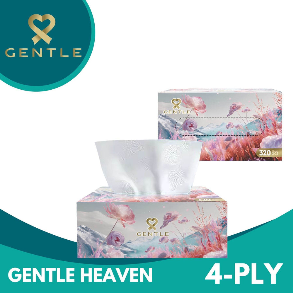 4-ply tissue box with floral print, white tissues pulled up from the top