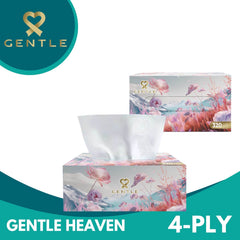 4-ply tissue box with floral print, white tissues pulled up from the top