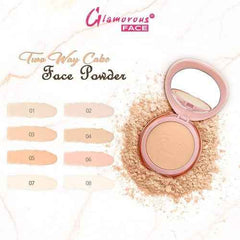 Face powder compact with beige powder and shade swatches 01–08