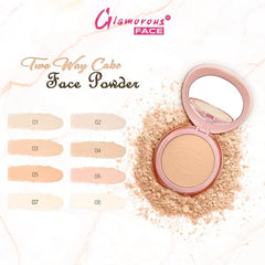 Beige face powder compact with multiple shade swatches and loose powder