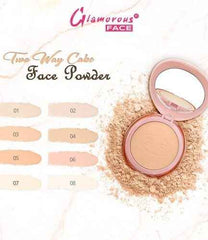 Pressed face powder in a pink round compact with mirror and visible powder pan