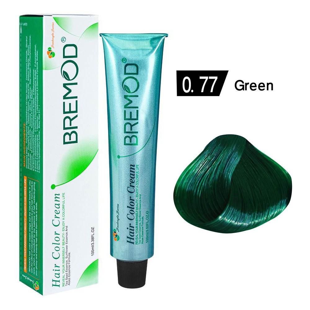 Bremod hair color cream tube and box, green shade 0.77