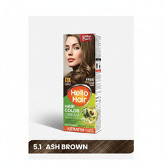 Hello Hair 5.1 Ash Brown hair color cream box with Keratin formula