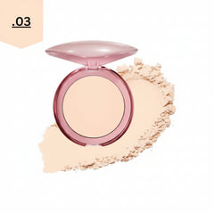 Beige face powder in round pink compact with open lid and powder