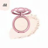Face powder compact with open round case and pale beige pressed powder