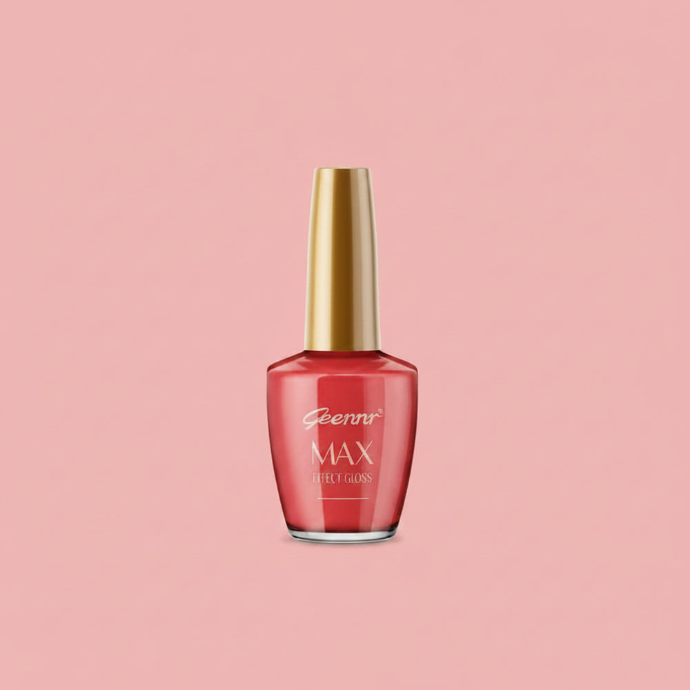 Pink nail polish bottle with gold cap, glossy MAX label
