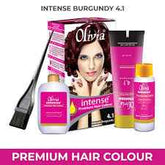 Hair color kit in intense burgundy shade, with bottle and boxed dye
