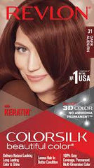 Revlon ColorSilk hair color box, shade 31, dark auburn tone shown